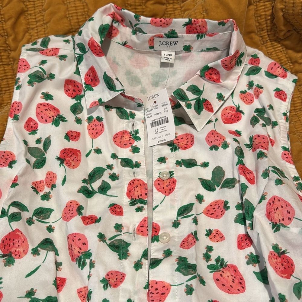 JCREW NWT Strawberry fields White Pink Green Waist-tie Shirtdress style Size 12P